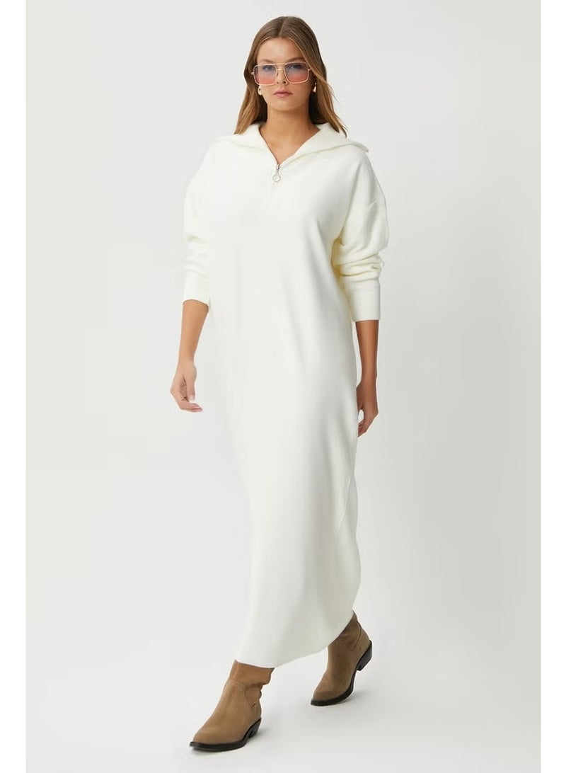 Ritnice Women's Magie Polo Collar Zippered Cream Long Knit Dress - Image 2